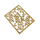 A square metal craft die with a diamond orientation, featuring an ornate cutout pattern of leaves and berries in a gold finish on a white background.
