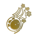A gold-colored metal die-cut craft template featuring a stylized Christmas tree, snowflake, mitten, and ornaments, isolated on a white background.