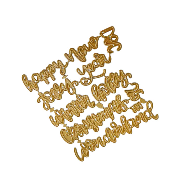 Gold metallic cursive script lettering pieces spelling out festive holiday phrases including 'Happy New Year', 'Jesus loves us', 'Winter happily', 'Christmas by', and 'The Wonderland' on a plain white background.