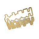 Gold metal embosser or stamp die shaped with the word HAPPY in wavy, bubbly lettering, shown on a plain white background.