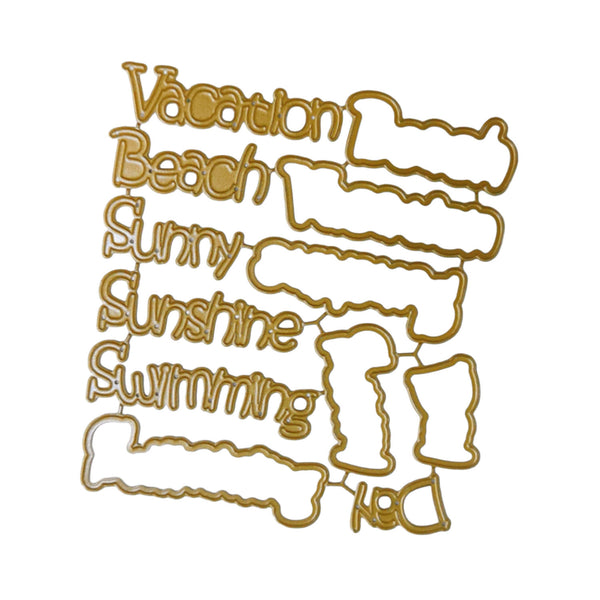 A set of gold metal craft dies with beach-themed phrases and shapes including 'Vacation', 'Beach', 'Sunny', 'Sunshine', 'Swimming', and 'Day', displayed on a solid white background.