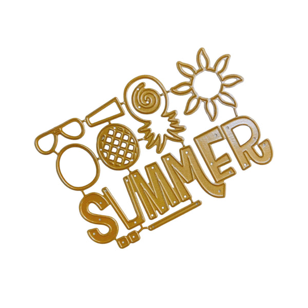 A gold-colored metal summer-themed decorative plaque featuring the word 'SUMMER' with icons of sunglasses, a beach ball, a spiral shell, a sunburst, and a sunflower, shown on a plain white background.
