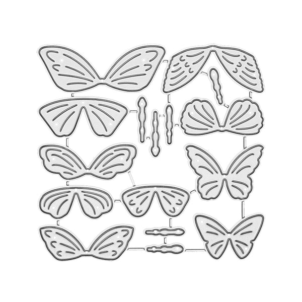 A set of butterfly-shaped metal cutting dies arranged on a plain white background, shown in multiple wing configurations and sizes.