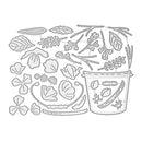 Black and white line art illustration of various botanical elements, including leaves, flowers, stems, and a bucket with decorative motifs, arranged on a plain white background.