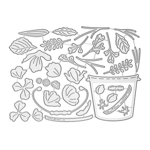 Black and white line art illustration of various botanical elements, including leaves, flowers, stems, and a bucket with decorative motifs, arranged on a plain white background.
