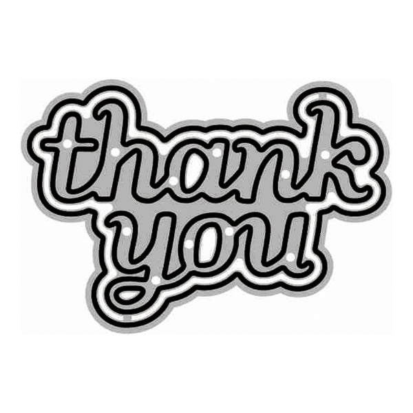 A die-cut sticker or decal featuring the words 'thank you' in a stylized cursive font with a black outline, white fill, and gray shadow on a plain white background.