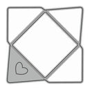 A gray metal die-cutting template with a diamond-shaped center and four intersecting angled sections, featuring a dotted heart outline in the bottom-left corner.