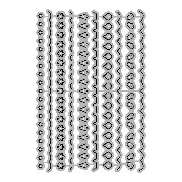A set of gray metal cutting or stamping dies arranged in six vertical columns on a plain white background. Each die features a different decorative pattern, including stars, flowers, pine trees, wavy lines, hearts, and clouds.