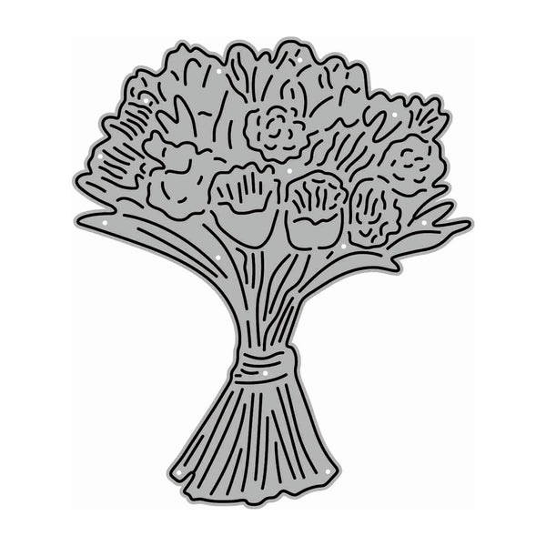 A gray line-art illustration of a bouquet of flowers with leaves and stems, centered on a plain white background.