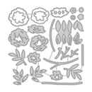 A set of gray metal die-cut floral and botanical shapes arranged on a white background, likely a craft or scrapbooking die set.