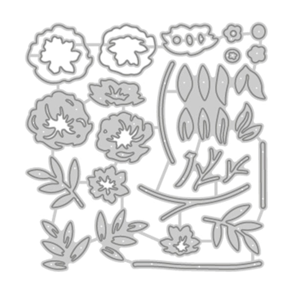 A set of gray metal die-cut floral and botanical shapes arranged on a white background, likely a craft or scrapbooking die set.