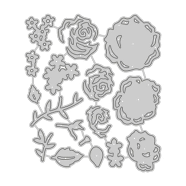 A sheet of floral and botanical die-cut stencils or embossing templates shown on a plain white background.