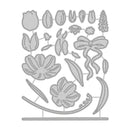 A gray metal cutting die set featuring various floral and botanical shapes, including tulips, leaves, a bow, and a crescent moon, arranged on a white background.