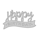A gray die-cut sticker or decal with the words 'Happy Birthday' in stylized script and banner lettering, shown on a plain white background.