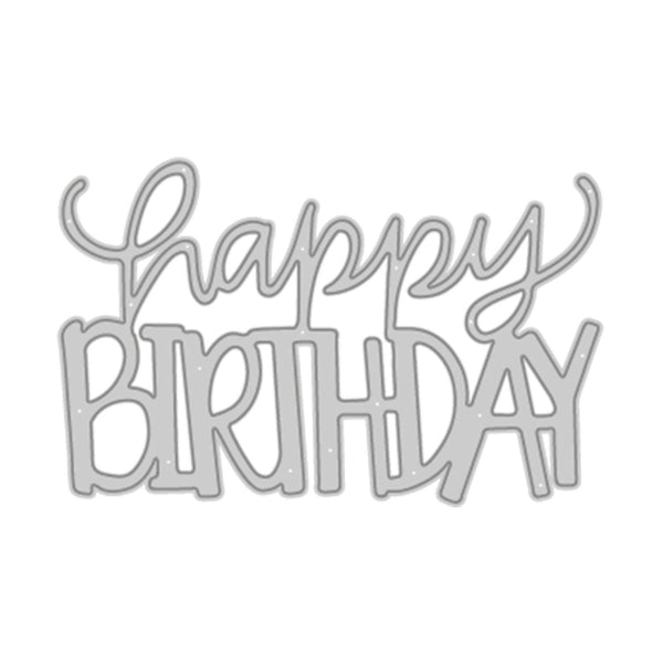Silver metal die-cut sticker or plaque reading 'Happy Birthday' in stylized script and block lettering, shown on a plain white background.