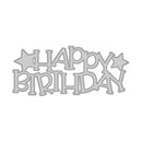 A silver metal die-cut sticker or embellishment spelling 'HAPPY BIRTHDAY' with star accents, shown on a plain white background.