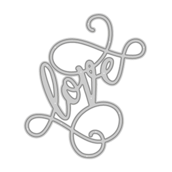 A silver metal die-cut craft embellishment spelling 'love' in elegant cursive script, shown on a plain white background.