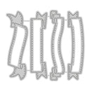 A set of five gray paper-cutting dies with banner and scroll designs, shown on a plain white background.