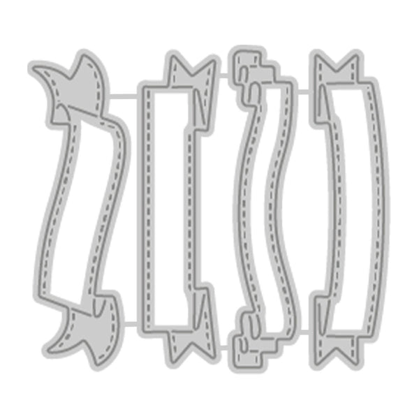 A set of five gray paper-cutting dies with banner and scroll designs, shown on a plain white background.