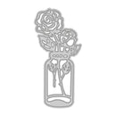 A silver metal die-cut embellishment featuring two roses in a glass vase, shown on a plain white background.