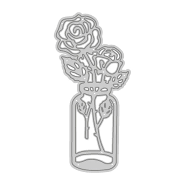 A silver metal die-cut embellishment featuring two roses in a glass vase, shown on a plain white background.