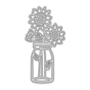 A silver metal die-cut craft design featuring two sunflowers, a small butterfly, and leaves arranged in a mason jar, shown on a plain white background.