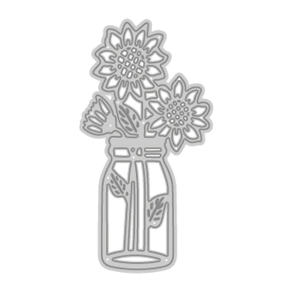 A silver metal die-cut craft design featuring two sunflowers, a small butterfly, and leaves arranged in a mason jar, shown on a plain white background.