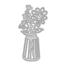 A gray metal die-cut floral design featuring a vase with flowers and leaves, shown on a plain white background.