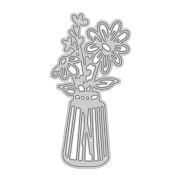 A gray metal die-cut floral design featuring a vase with flowers and leaves, shown on a plain white background.