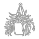 A silver metal die-cut cutting template shaped like a hanging plant in a rectangular pot, shown on a plain white background.
