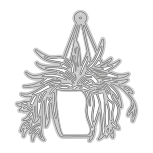 A silver metal die-cut cutting template shaped like a hanging plant in a rectangular pot, shown on a plain white background.