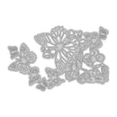 A silver metal cutting die set featuring butterflies and floral designs, displayed on a clean white background.