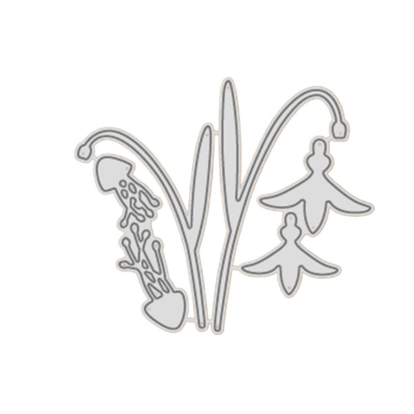 A silver metal die-cut craft embellishment featuring a jellyfish, tall reeds, and two bell-shaped flowers, shown on a plain white background.
