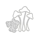 A silver metal mushroom die-cut outline set, featuring three tall mushrooms and three smaller spotted mushrooms, shown on a plain white background.
