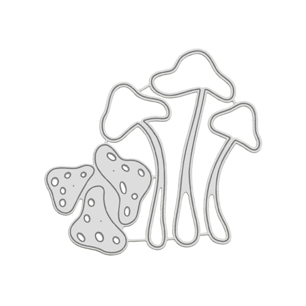 A silver metal mushroom die-cut outline set, featuring three tall mushrooms and three smaller spotted mushrooms, shown on a plain white background.