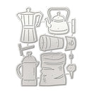 A set of silver metal die-cut shapes featuring various coffee-related items, including a moka pot, teapot, coffee bag, French press, and coffee cup, arranged on a plain white background.