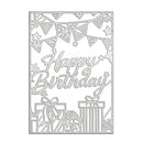 A rectangular metal cutting die or stencil featuring a 'Happy Birthday' design with bunting, stars, gift boxes, and a bow, shown on a plain white background.
