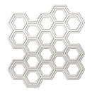 A white metal hexagonal grid stencil or template with multiple interlocking honeycomb cells, shown on a solid white background.
