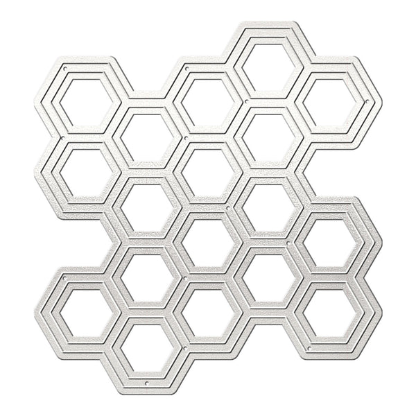 A white metal hexagonal grid stencil or template with multiple interlocking honeycomb cells, shown on a solid white background.