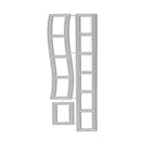 A metal die-cut craft template featuring two vertical film-strip-shaped pieces with rectangular cutouts and a smaller matching square piece, shown on a plain white background.