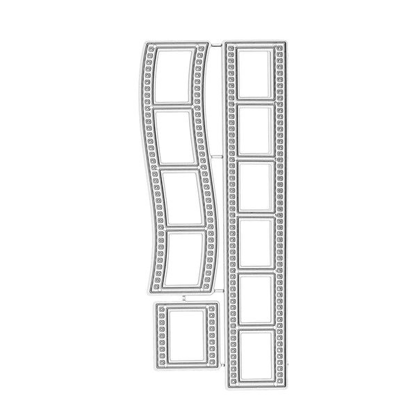 A metal die-cut craft template featuring two vertical film-strip-shaped pieces with rectangular cutouts and a smaller matching square piece, shown on a plain white background.
