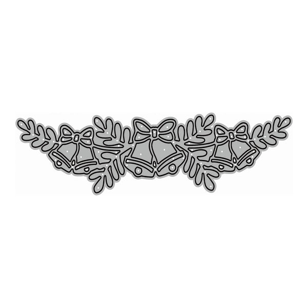 A silver metal holiday die-cut stencil featuring three bells, bows, and pine branches, shown on a plain white background.