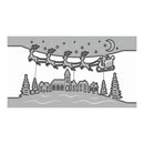A black and white line art illustration of a Christmas village scene, featuring Santa's sleigh carrying reindeer across a starry night sky above a small town with pine trees and houses.