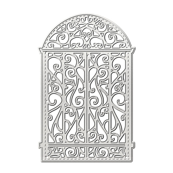 A silver metal die-cut stencil with an ornate, decorative scrollwork pattern, shown on a plain white background.