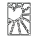 A black metal die-cutting or crafting template with a geometric sunburst pattern surrounding a heart shape, shown on a solid white background.