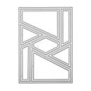 A rectangular metal cutting or stamping template with geometric cutout shapes and dashed border lines, shown on a plain white background.