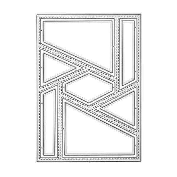 A rectangular metal cutting or stamping template with geometric cutout shapes and dashed border lines, shown on a plain white background.
