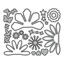 A sheet of metal die-cut craft embellishments featuring various floral, leaf, butterfly, and star shapes in a gray outline style on a white background.