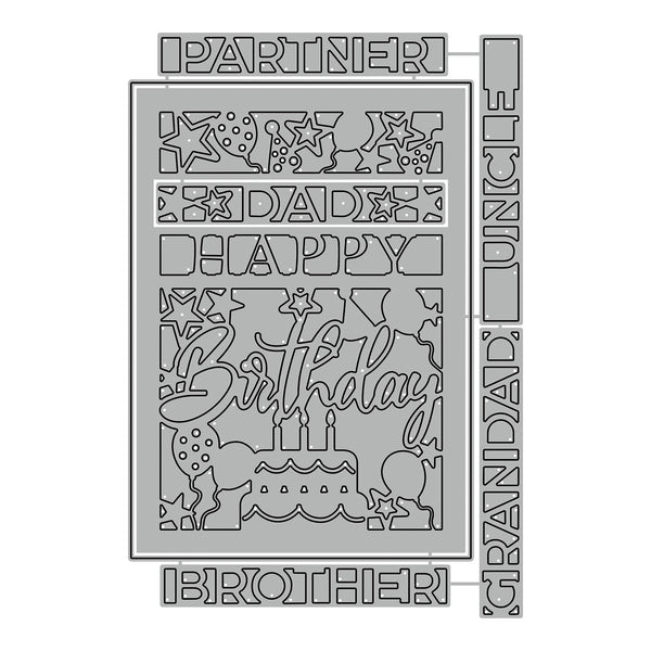 A gray metal cutting stencil sheet featuring various birthday-themed designs and text cutouts including 'PARTNER', 'DADDIES', 'HAPPY', 'Birthday', 'BROTHER', and 'GRANDPA / UNCLE'.