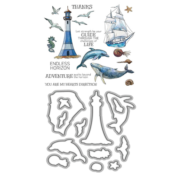 Nautical-themed wall decal set with lighthouse, ship, whales, and motivational phrases on a white background.